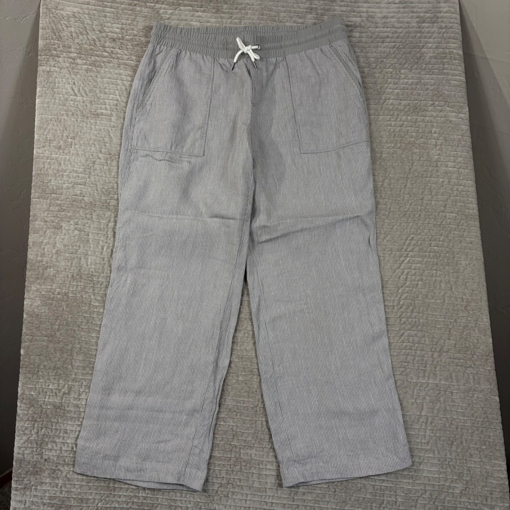 Athleta Cabo Linen Striped Wide Leg Pants Grey White 16โ 211073